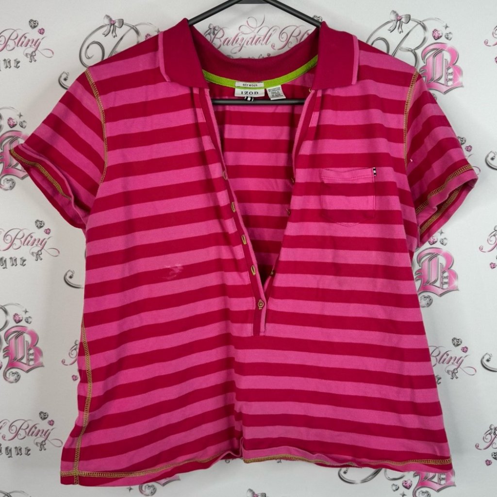 Izod Stretch Cropped Shirt Lime Green Stretch Fuchsia And Pink Striped Top